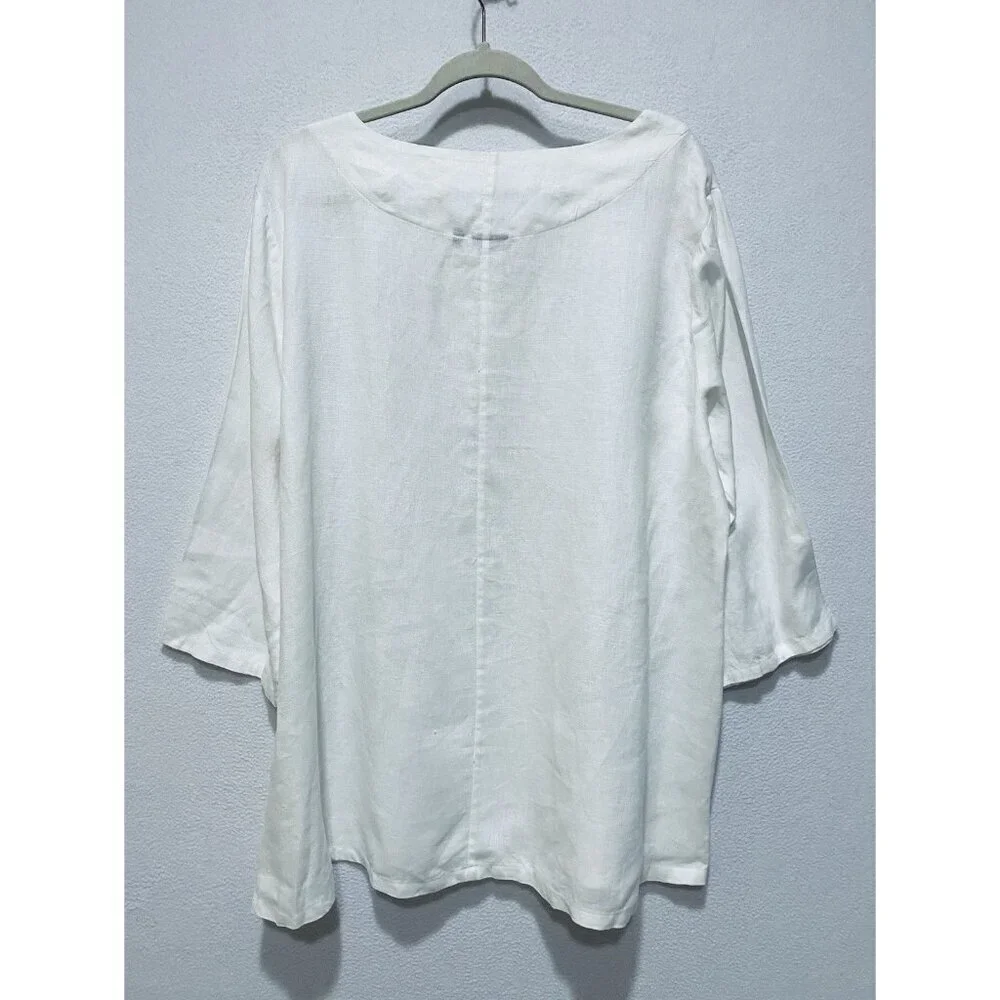 Amelline Top Womens XL White Linen Tunic Side Buttons Minimalist Lagenlook Boho - Picture 4 of 7
